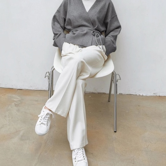 Grey Knit Kimono Sweater Tie Belt Boxy Loose Fit Drop Shoulder Wrap - Picture 5 of 8